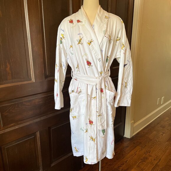 Pottery Barn Santas Reindeer Flannel Robe Ivory Holiday Warm Unisex Size S/M - Picture 2 of 12